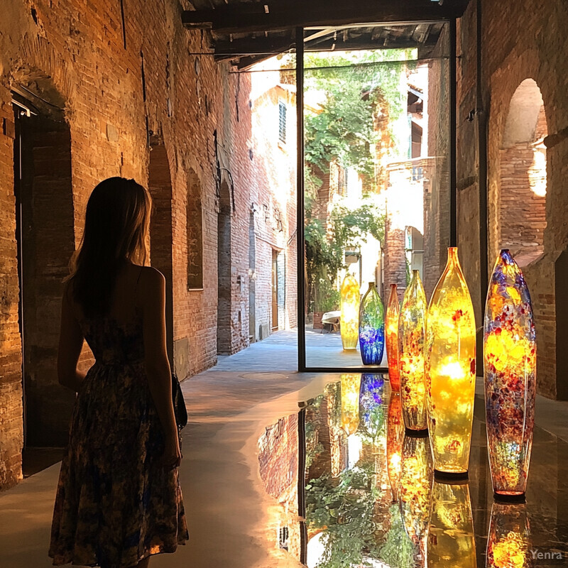 A woman admires glass art installations in a room with brick walls and a courtyard