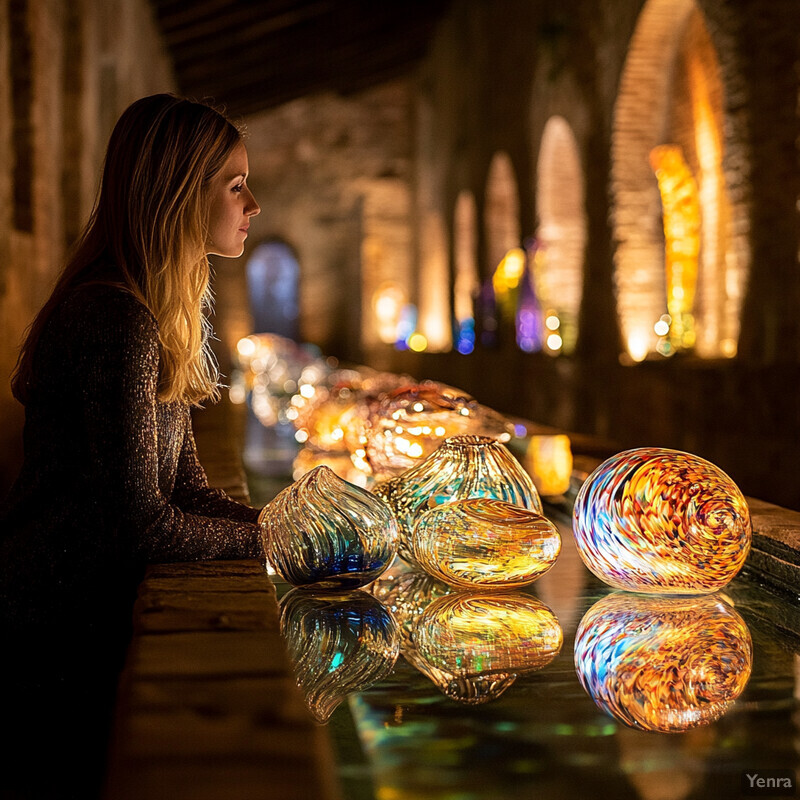 A woman sits at a wooden table in an arched stone building surrounded by glass art pieces.