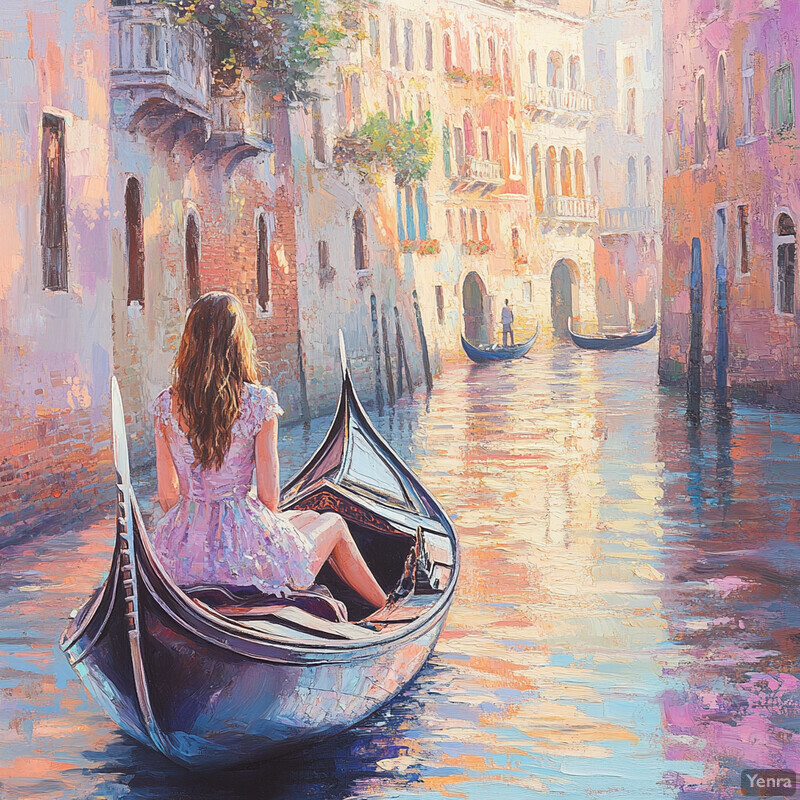 Woman in a boat navigating through a canal between buildings