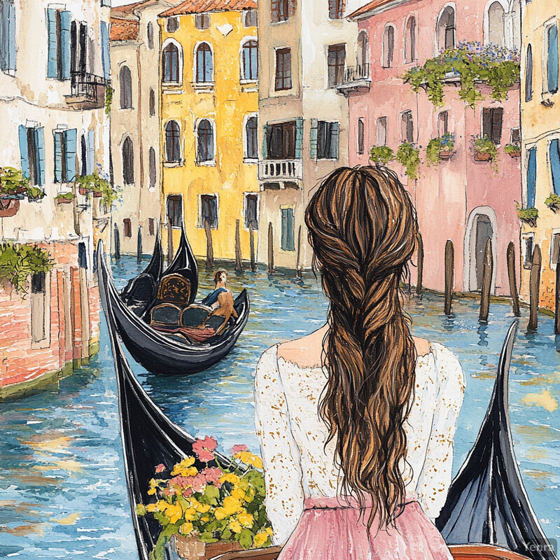 A woman gazing out at a canal in Venice, Italy, surrounded by vibrant colors and ornate architecture.