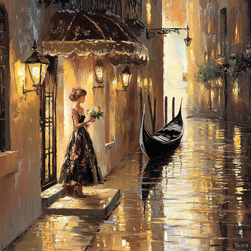 A woman stands on a canal in Venice, Italy, holding flowers and a parasol, surrounded by historic buildings reflected in the water.