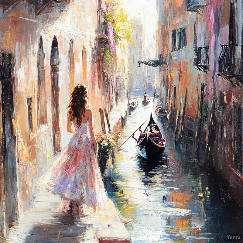 A woman in a long white dress walks along a canal in Venice, Italy, surrounded by gondolas and a serene atmosphere.