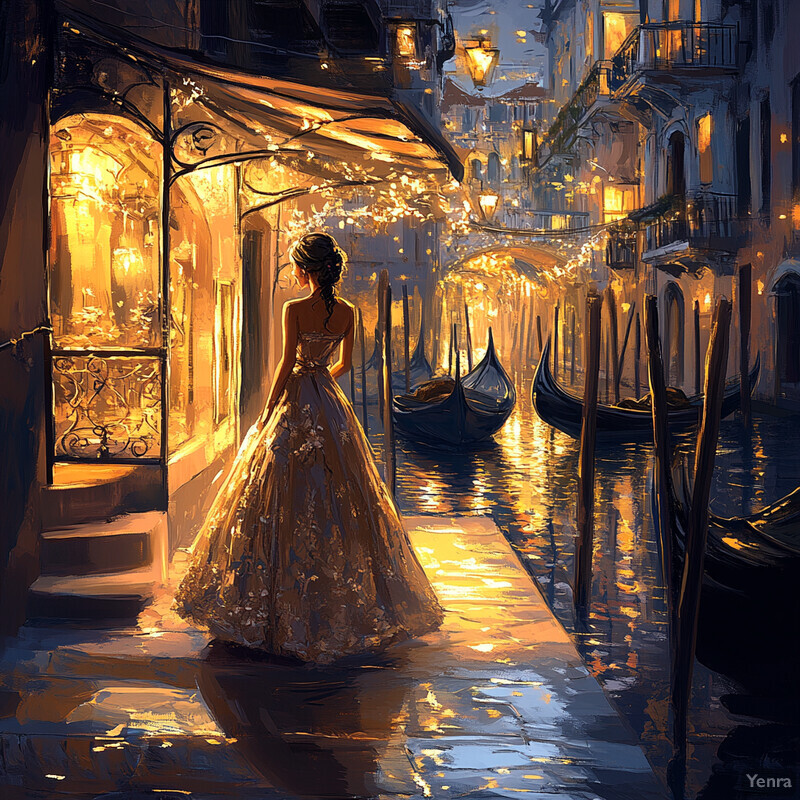 A woman in a long dress strolls along a canal in Venice, surrounded by gondolas and fog.