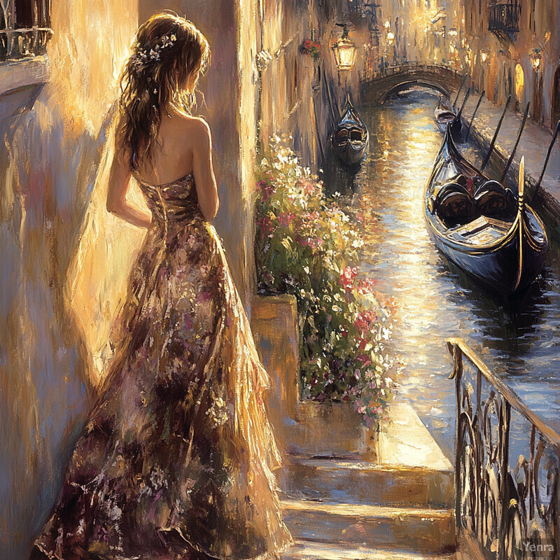 A romantic scene of a woman in a long dress standing on a bridge overlooking a canal