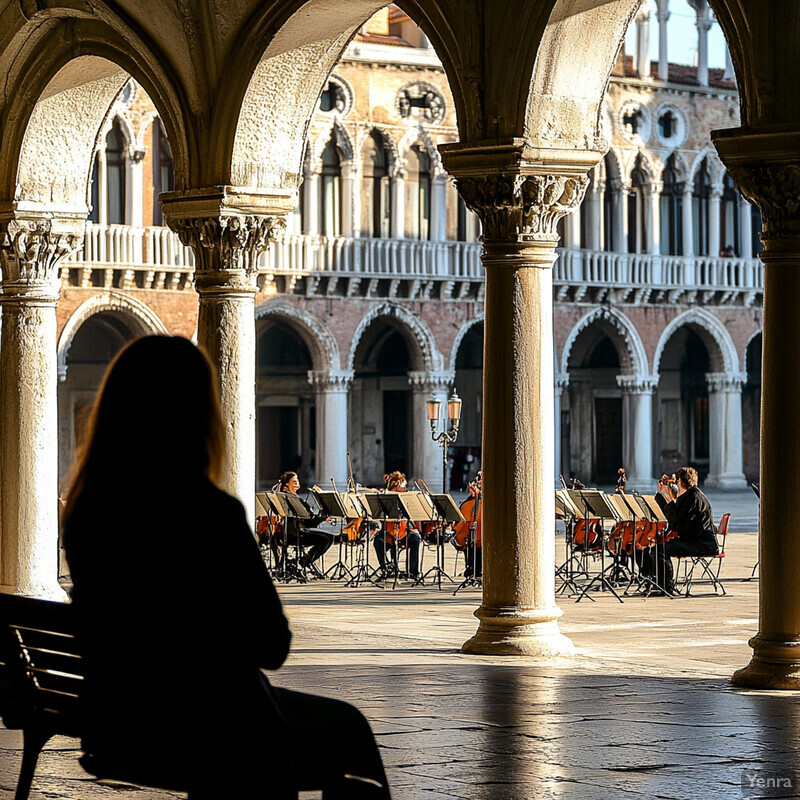 A woman sits on a bench facing away from the camera towards an orchestra performing classical music under a covered walkway with stone arches.