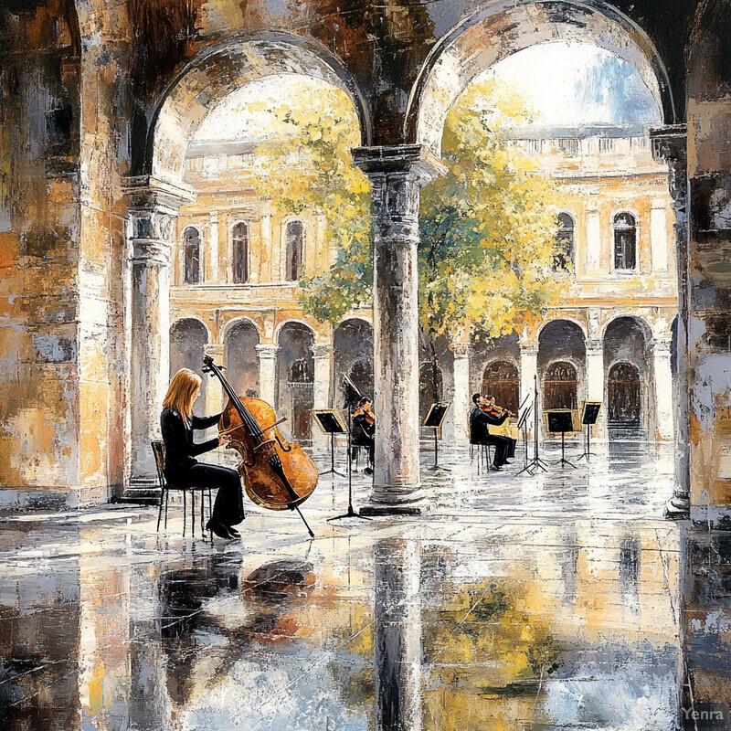 Four musicians playing instruments in an outdoor setting surrounded by classical architecture