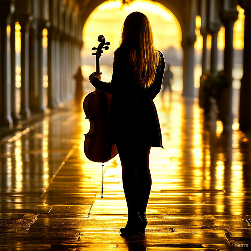 A woman stands in a dimly lit hallway, holding a cello and lost in thought.