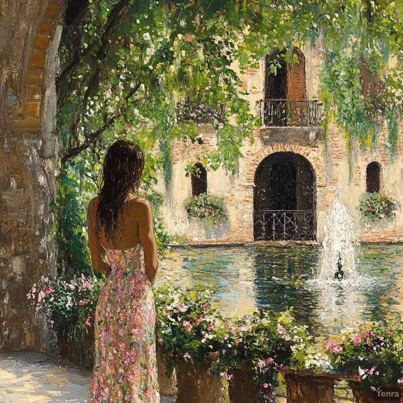 A serene courtyard scene with a woman standing near a fountain