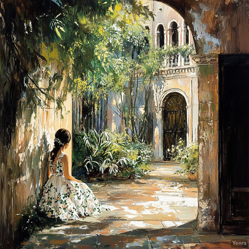 A young girl sits in a serene courtyard surrounded by lush foliage and tall trees, with several buildings visible in the background.