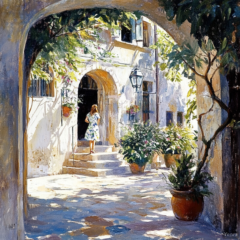 A serene courtyard scene with an arched entranceway, lush greenery, and a woman in a light blue floral dress.