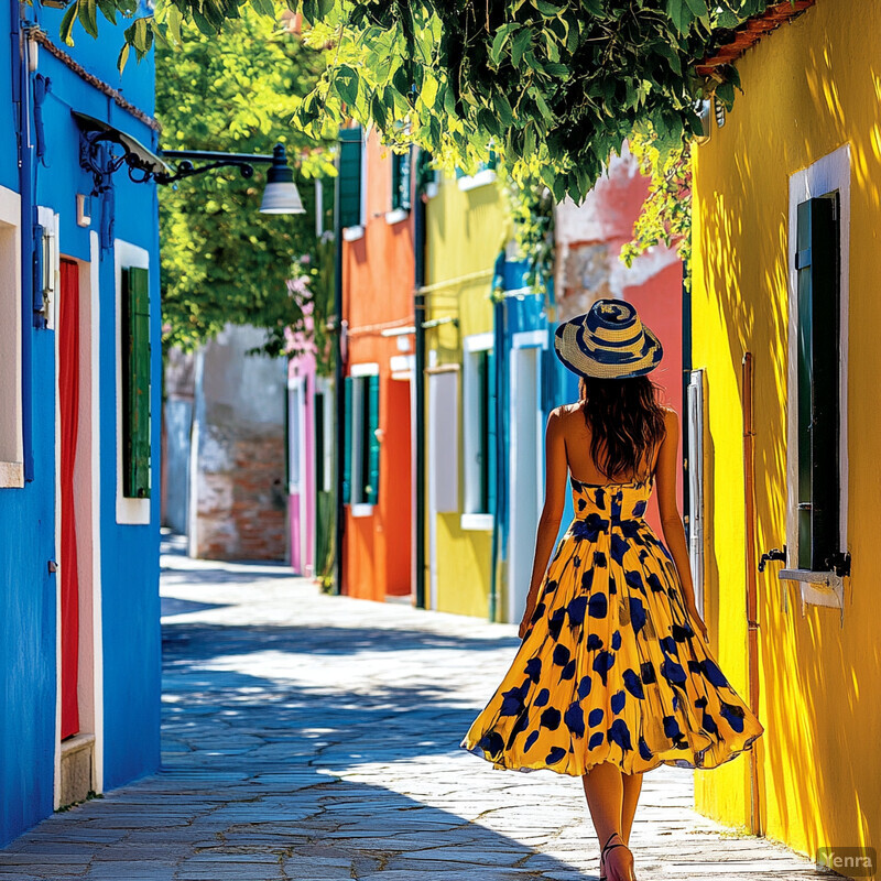 A woman in a yellow sundress walks down a colorful street lined with buildings.