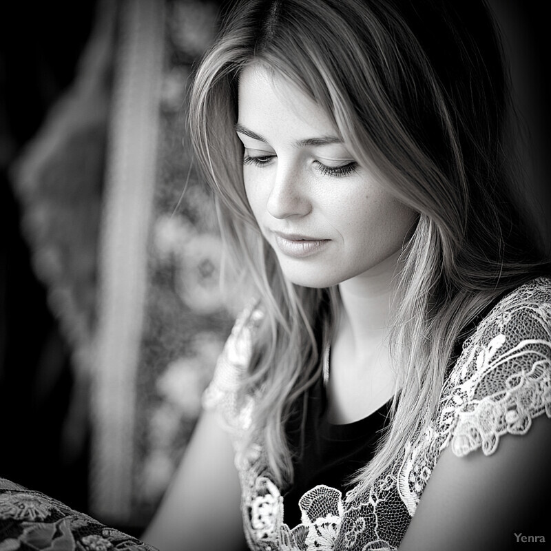 Black-and-white photograph of a woman in a contemplative mood