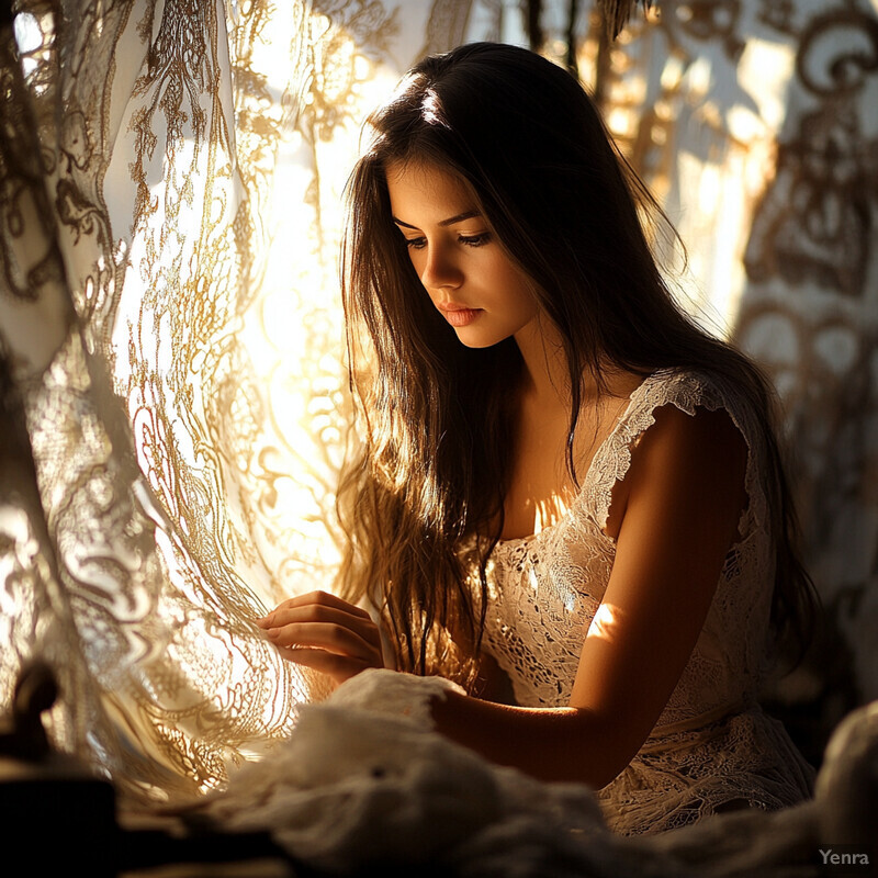 A young woman sits by a window, engaged in an activity, surrounded by white lace curtains and soft lighting.