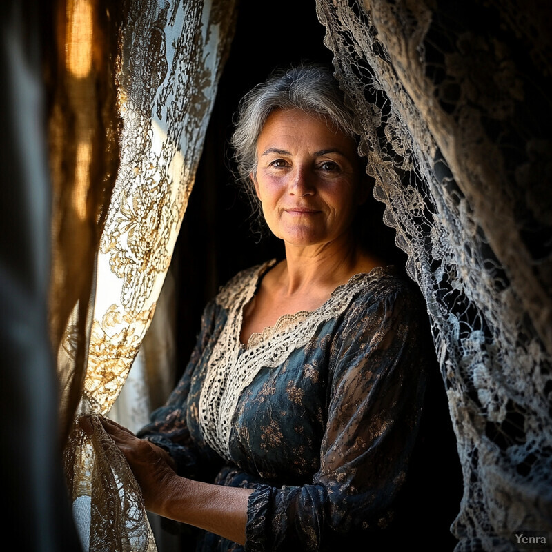 An elderly woman stands in front of a window, gazing out at the view with a contemplative expression.