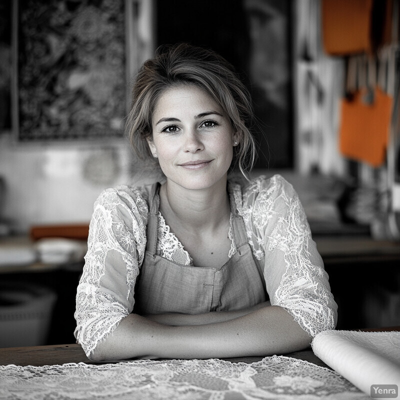 A woman stands in front of a table covered with lace, lost in thought.