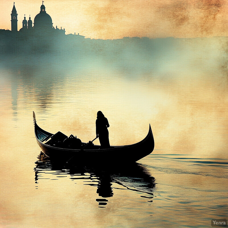 A person in a boat on calm waters with a building in the background