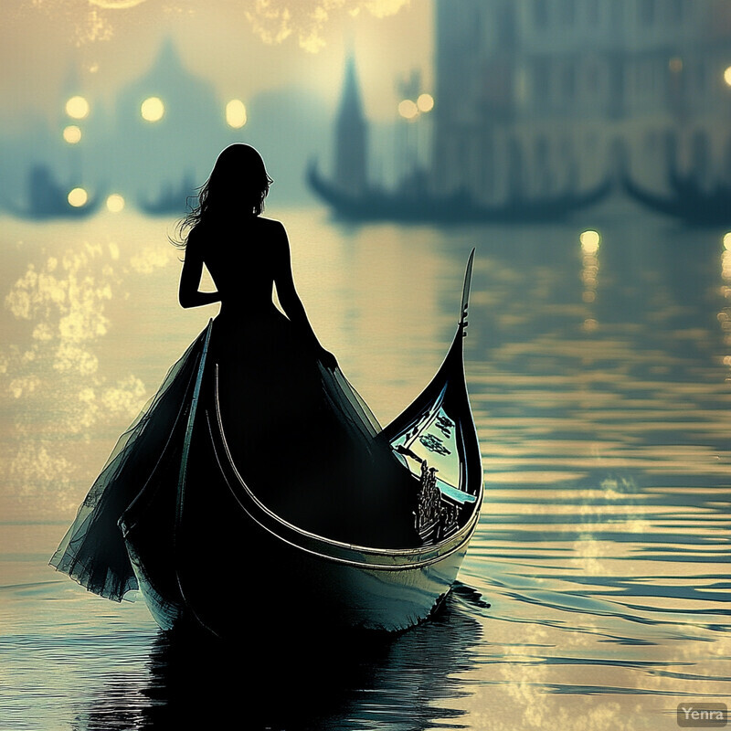 A woman in a long dress stands on the bow of a boat, gazing out at the calm waters.