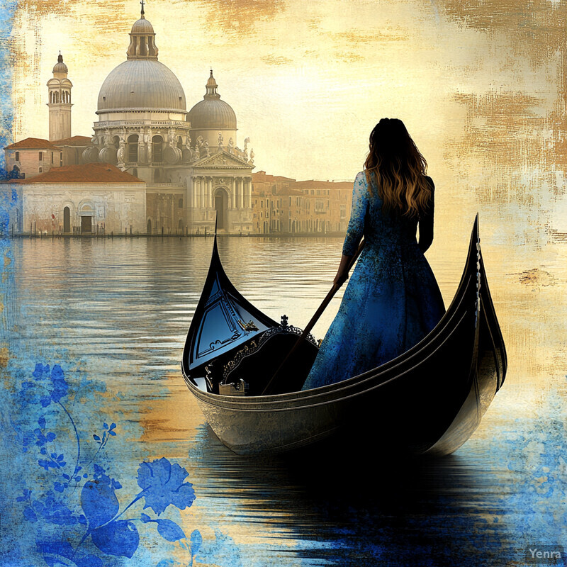 A woman in a blue dress stands in a gondola on a body of water with a large building in the background.