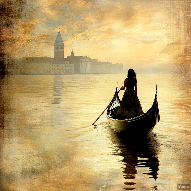 A woman rows a gondola through calm waters, surrounded by the beauty of Venice.