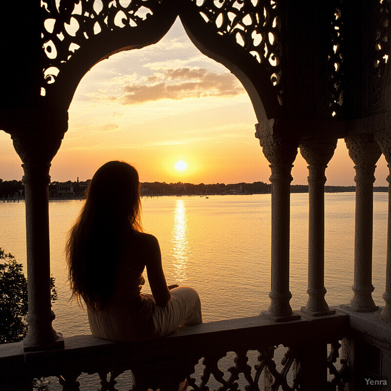 A woman gazes at the sunset from an ornate balcony or patio.