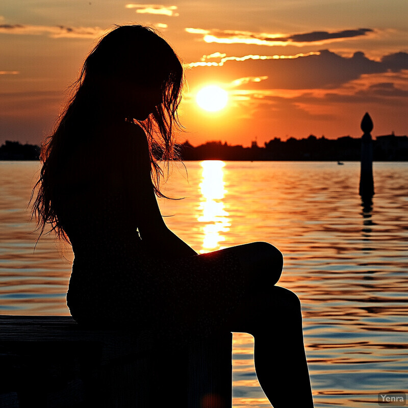 A woman sits on a dock or pier at sunset, surrounded by a peaceful lake or river and a stunning sunset.