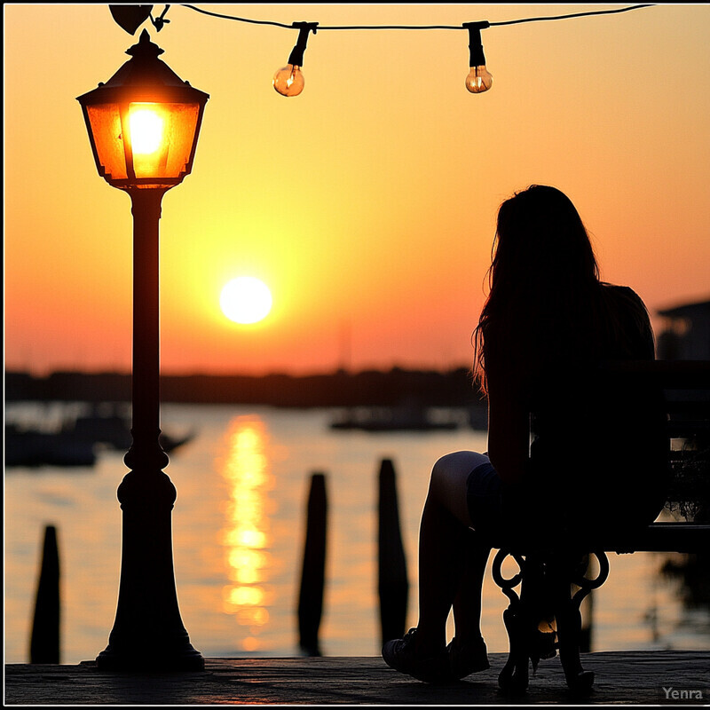 A woman sits on a bench overlooking a body of water at sunset.