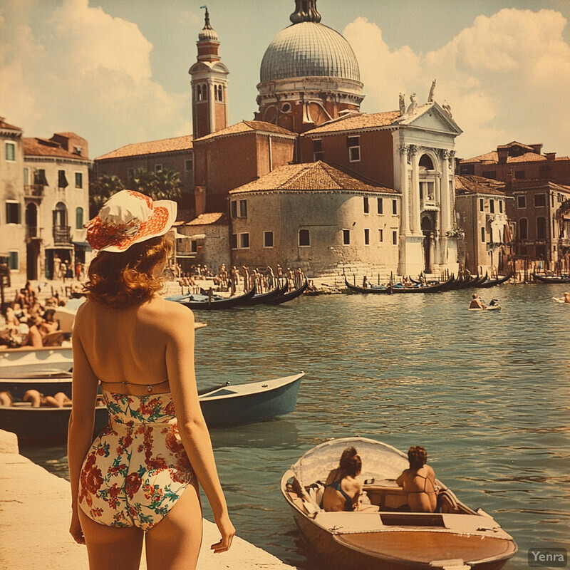 A woman in a swimsuit and hat stands on a dock overlooking a canal in Venice, Italy, surrounded by buildings, boats, and gondolas.