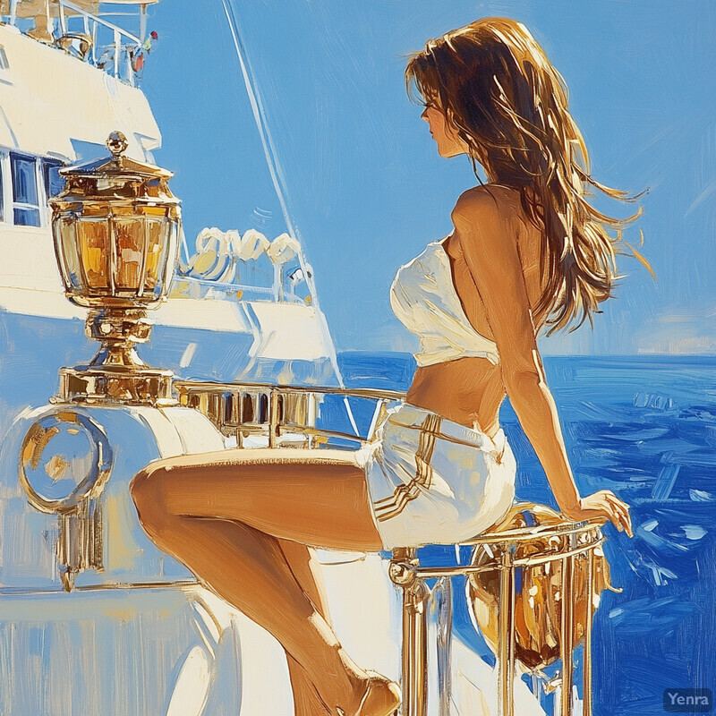 A woman sits on the railing of a luxurious yacht or boat, gazing out at the ocean in an impressionistic painting.