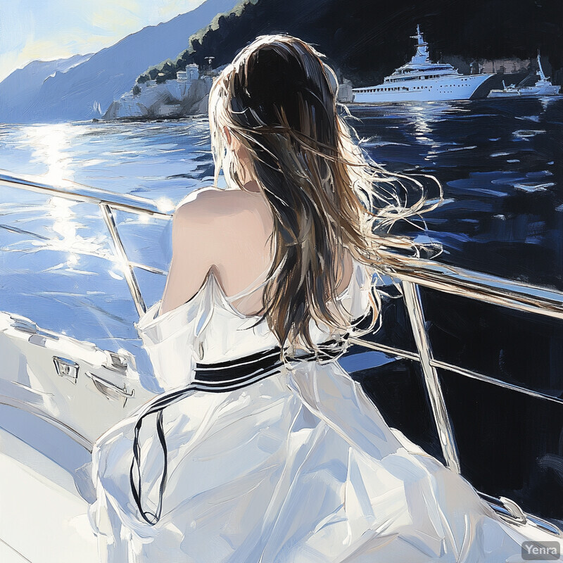 A woman in a white dress stands on a boat, gazing out at the water.