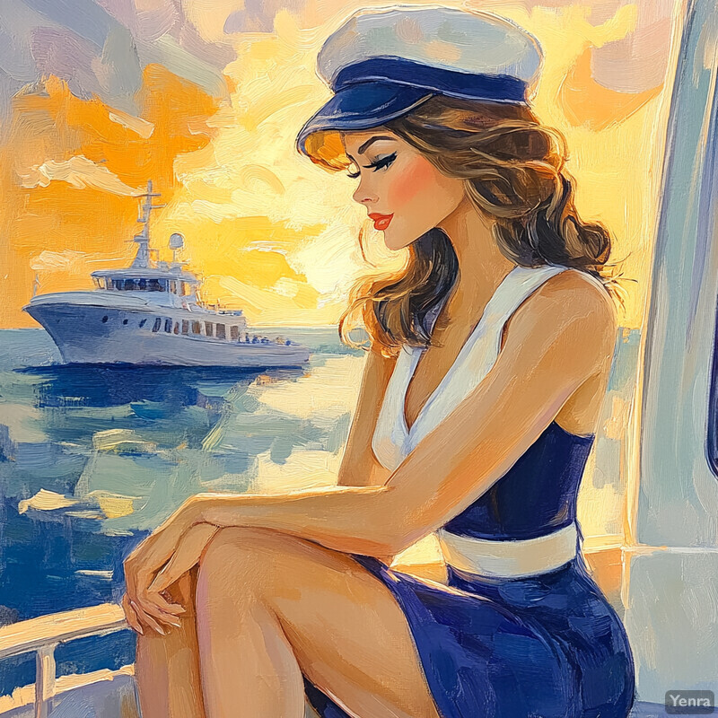 A serene painting of a woman sitting on a boat, gazing out at the water.