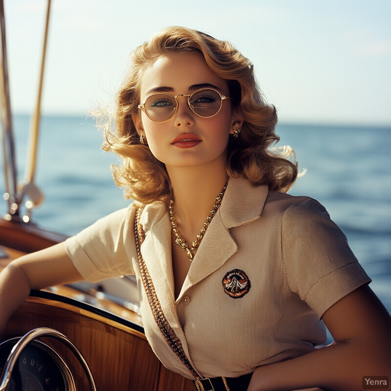 A woman sitting in a boat, exuding elegance and sophistication