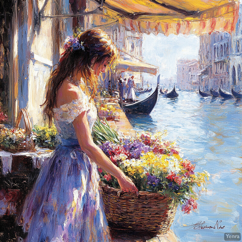 A serene outdoor market scene with a woman holding a basket of flowers