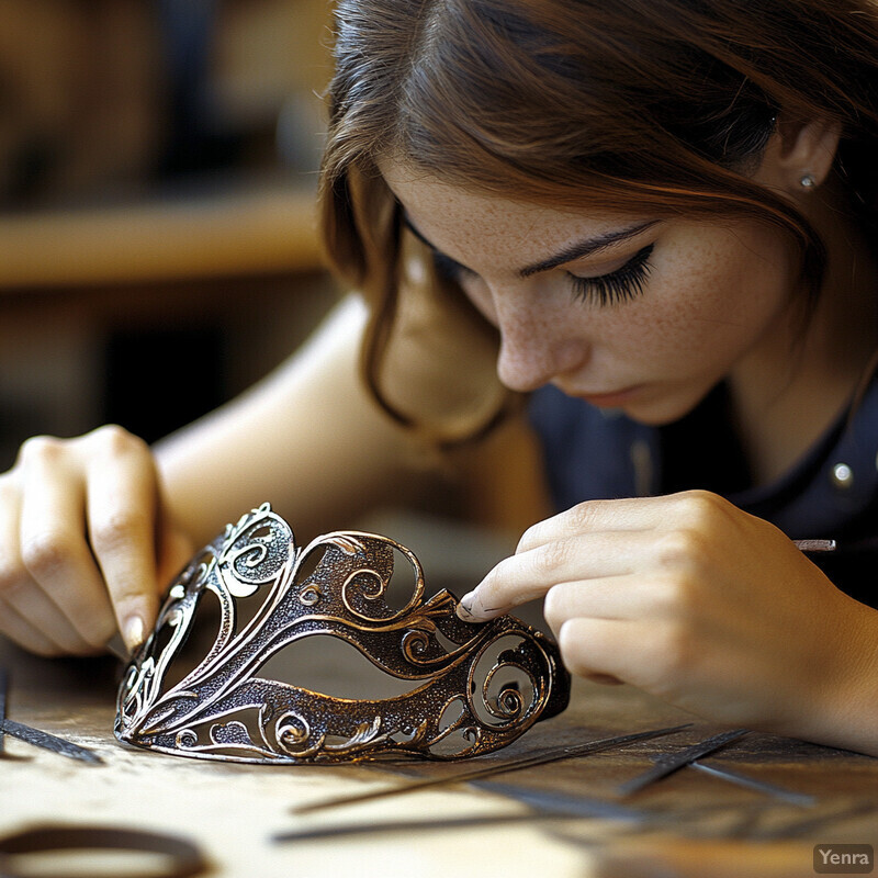 A woman crafts a metal mask with intricate scrollwork