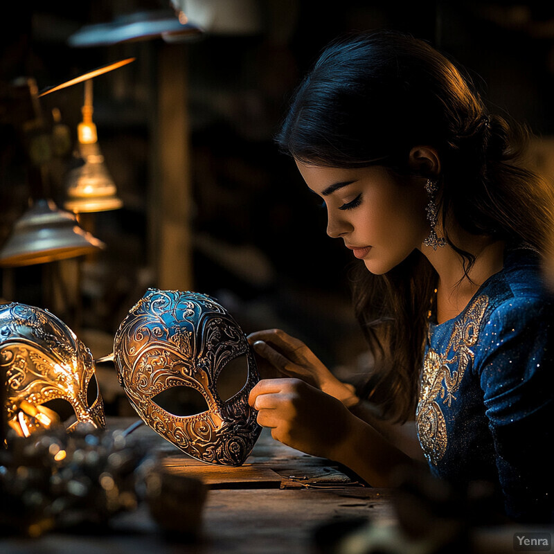 A woman creates two ornate masks on a workbench in a darkly lit room with soft lighting.