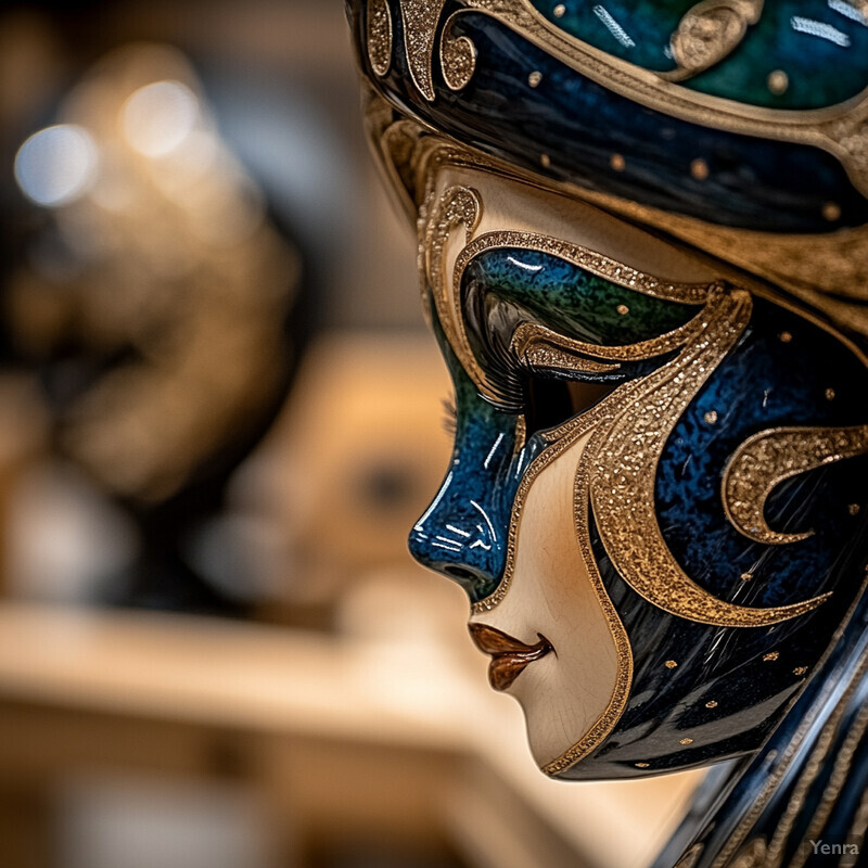 A close-up view of an intricately designed ceramic or porcelain mask with gold accents and a harmonious color palette.