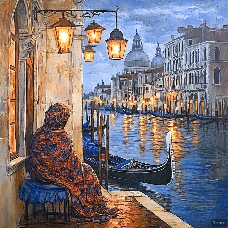 A person sits on a bench overlooking a canal in Venice, Italy, surrounded by boats and buildings.