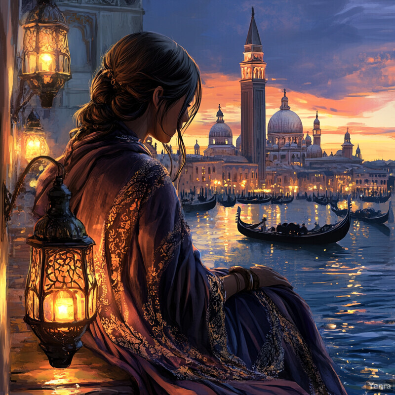 A woman sits on the edge of a body of water, gazing out at the city skyline.