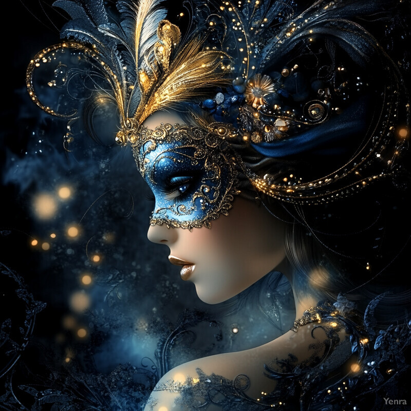 A woman wearing an ornate blue and gold mask gazes off into the distance, surrounded by a subtle blur of colors in the background.