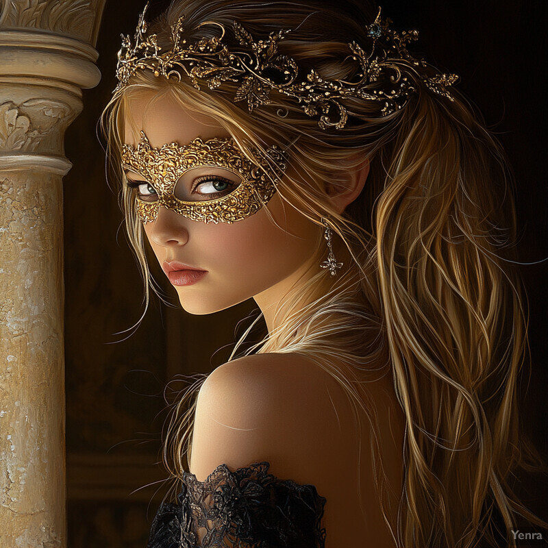 A woman with long blonde hair wears a gold masquerade mask and a black lace dress.