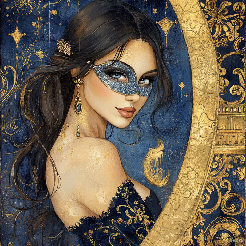 The image captures a woman in a black gown with gold accents and lace details, set against a deep blue backdrop, exuding an air of mystery and allure reminiscent of a masquerade ball.