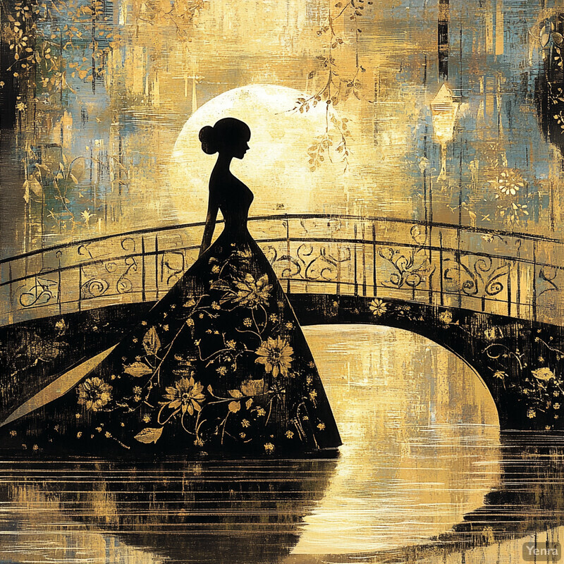 A serene and enchanting scene with a woman standing on a bridge in front of a full moon