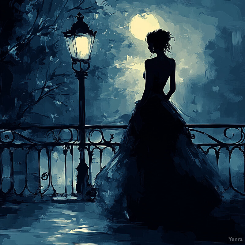 A woman stands on a balcony or bridge overlooking a body of water at night, gazing out into the distance under the light of a large moon.