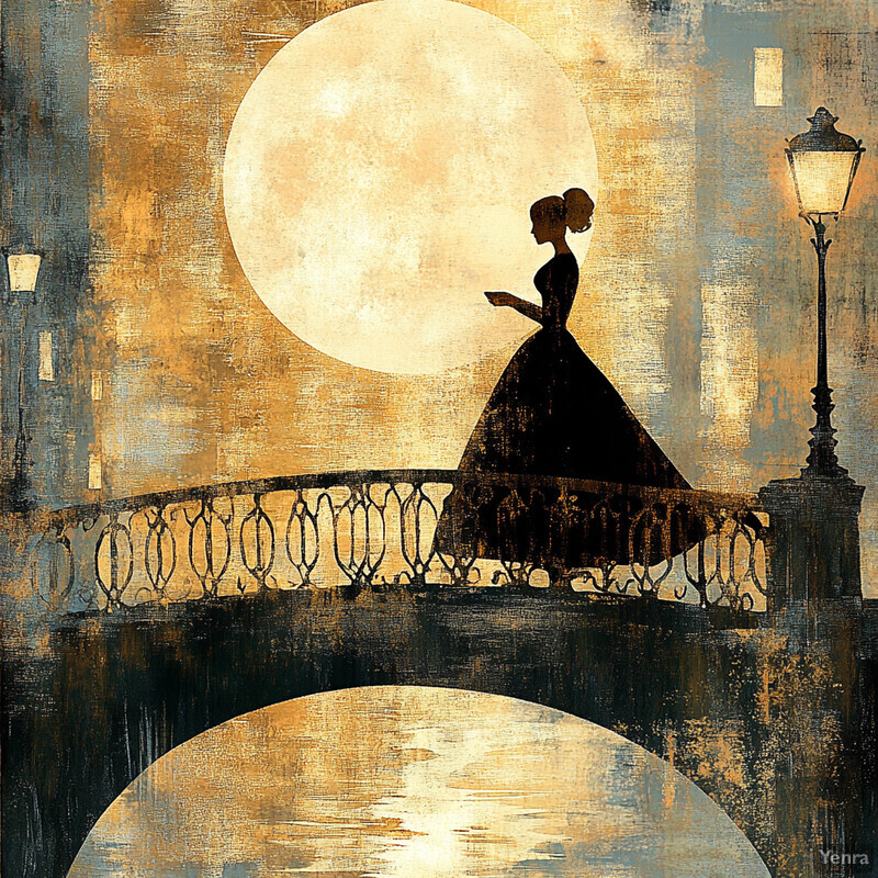 A woman stands on a bridge at night, gazing out at the calm waters below under the light of the moon.