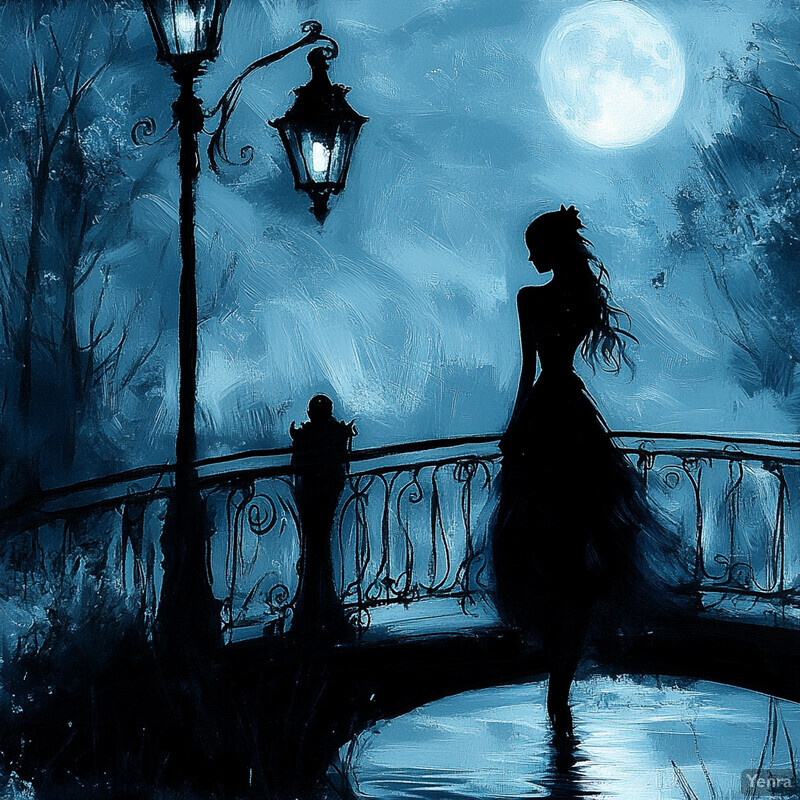 Woman standing on a bridge under the light of a full moon