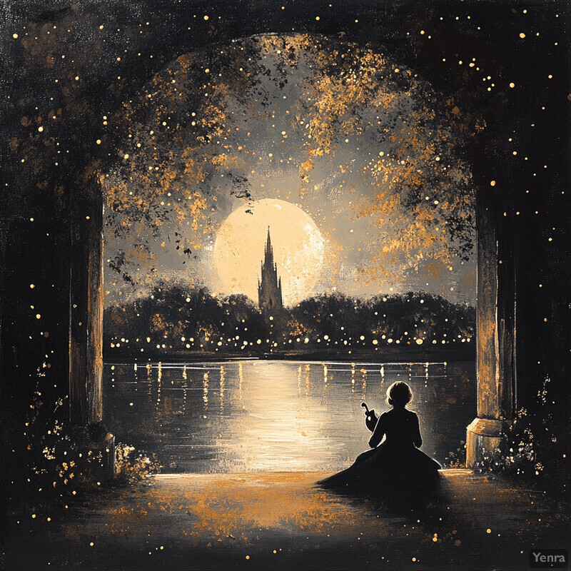 A woman sits on steps in front of an archway overlooking a body of water under a full moon, lost in thought with her violin.