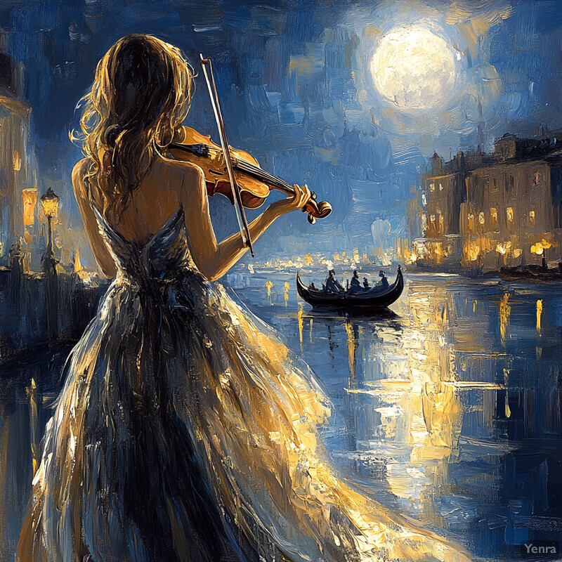 A woman playing the violin under a full moon in an idyllic outdoor setting.