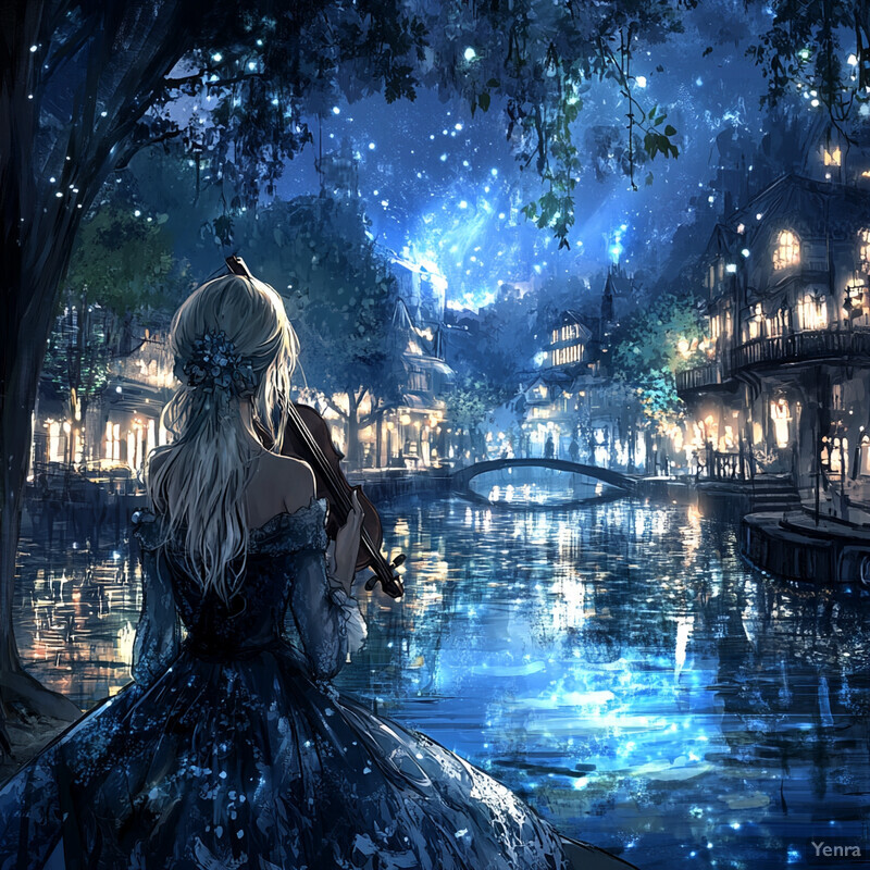 A woman plays the violin in front of a lake or river at night, surrounded by a magical forest.