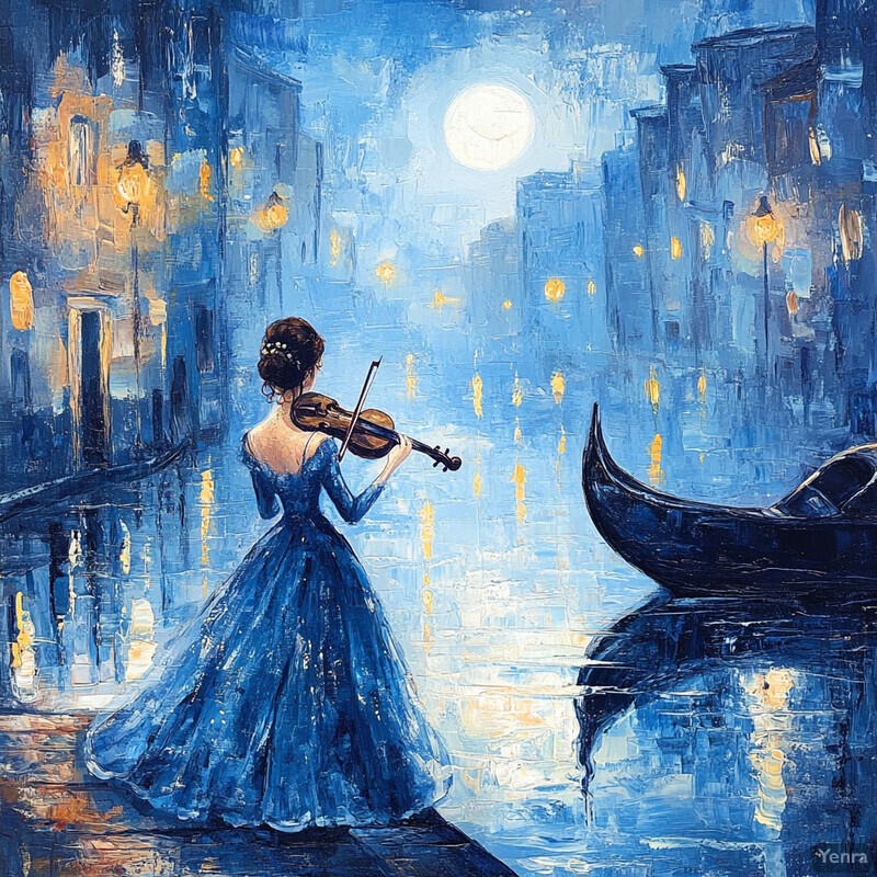 A woman plays the violin under a full moon on a stone bridge surrounded by trees and misty water