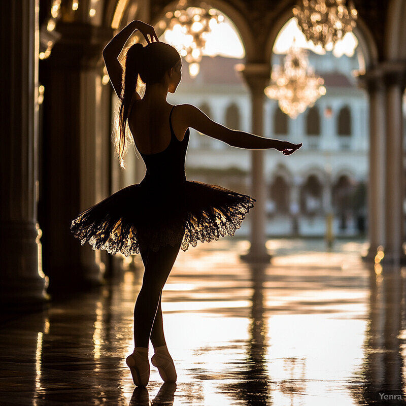 A ballerina stands elegantly in front of an arched window or doorway, bathed in natural light.