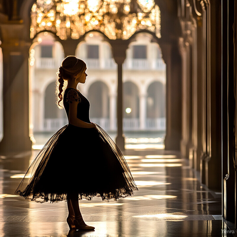 A woman stands in a grand, dimly lit room wearing a black ball gown.